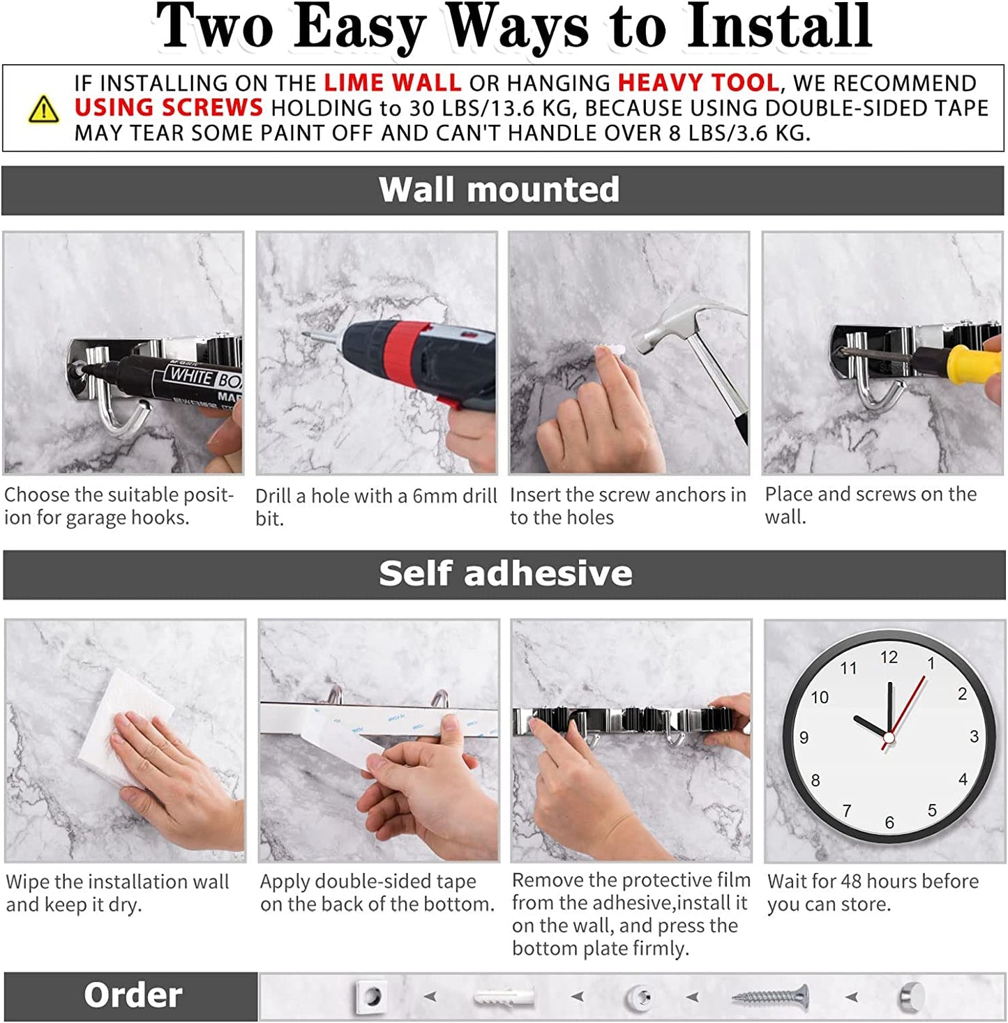 Heavy Duty Stainless Steel Wall Mounted Broom Holder with 5 Holders & 4 Hooks - Easy Installation & Self Adhesive Storage Solution