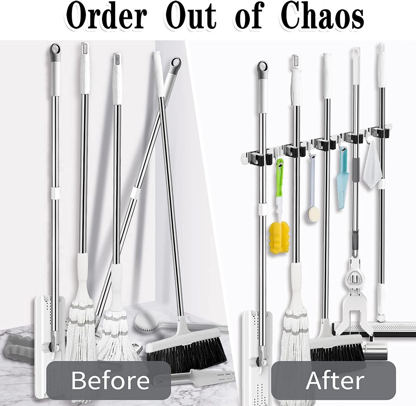 Heavy Duty Stainless Steel Wall Mounted Broom Holder with 5 Holders & 4 Hooks - Easy Installation & Self Adhesive Storage Solution
