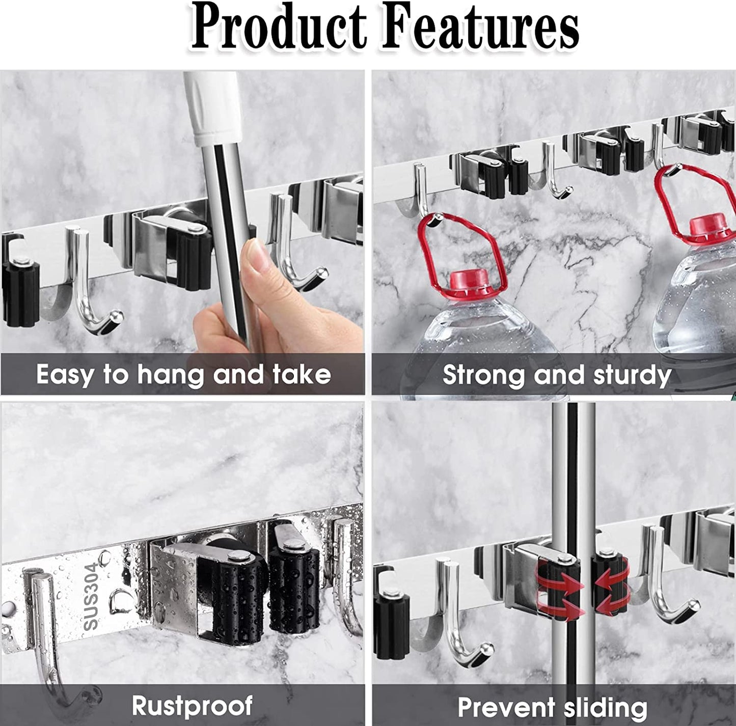 Heavy Duty Stainless Steel Wall Mounted Broom Holder with 5 Holders & 4 Hooks - Easy Installation & Self Adhesive Storage Solution