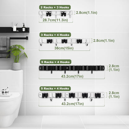 Heavy Duty Stainless Steel Wall Mounted Broom Holder with 5 Holders & 4 Hooks - Easy Installation & Self Adhesive Storage Solution