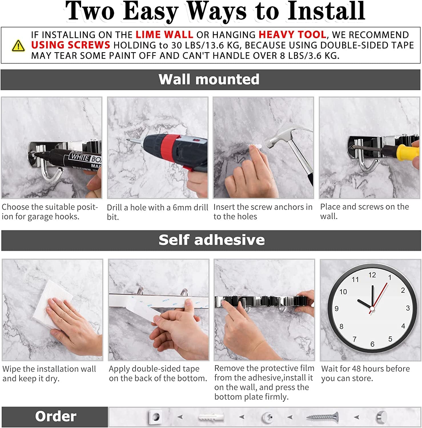 Heavy Duty Stainless Steel Wall Mounted Broom Holder with 5 Holders & 4 Hooks - Easy Installation & Self Adhesive Storage Solution