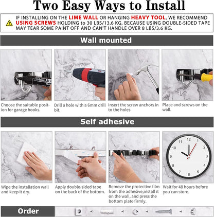 Heavy Duty Stainless Steel Wall Mounted Broom Holder with 5 Holders & 4 Hooks - Easy Installation & Self Adhesive Storage Solution