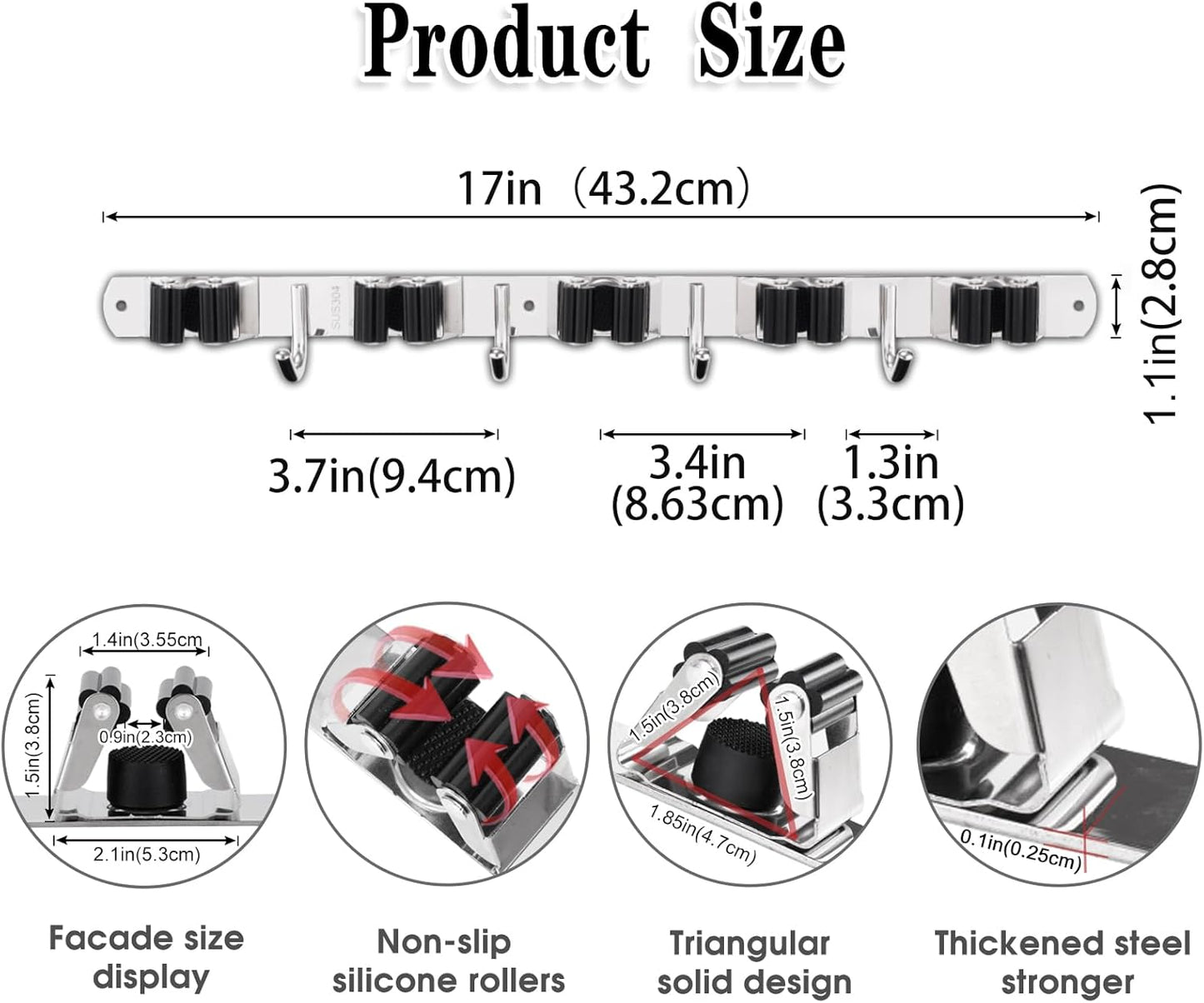 Heavy Duty Stainless Steel Wall Mounted Broom Holder with 5 Holders & 4 Hooks - Easy Installation & Self Adhesive Storage Solution