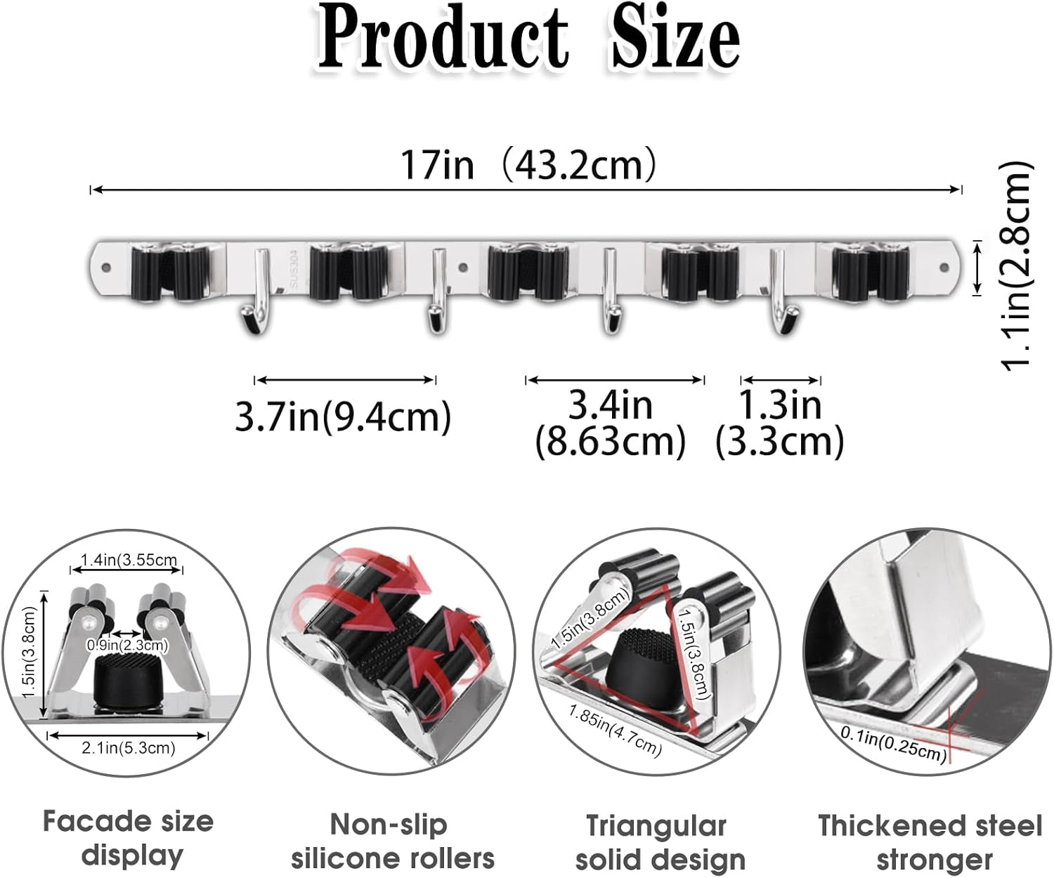 Heavy Duty Stainless Steel Wall Mounted Broom Holder with 5 Holders & 4 Hooks - Easy Installation & Self Adhesive Storage Solution