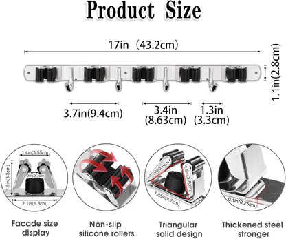 Heavy Duty Stainless Steel Wall Mounted Broom Holder with 5 Holders & 4 Hooks - Easy Installation & Self Adhesive Storage Solution